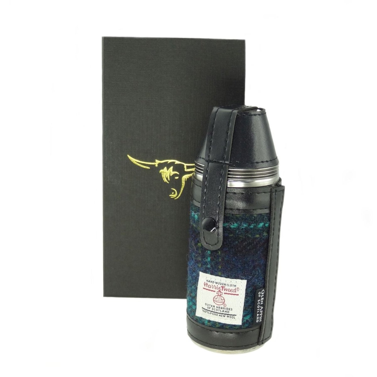 Mood Company - Jachtfles Blauw met Turquoise - 4 bekertjes - Harris Tweed - Glen Appin of Scotland - 5060959022299