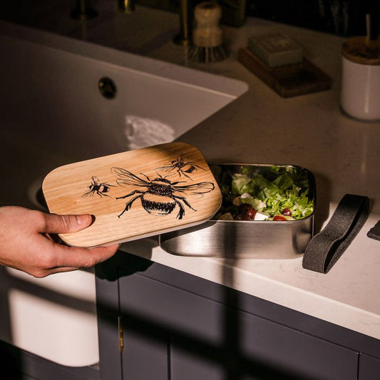 Mood Company - Lunchbox RVS met Eikenhouten Deksel – Bijen - 5061040755348