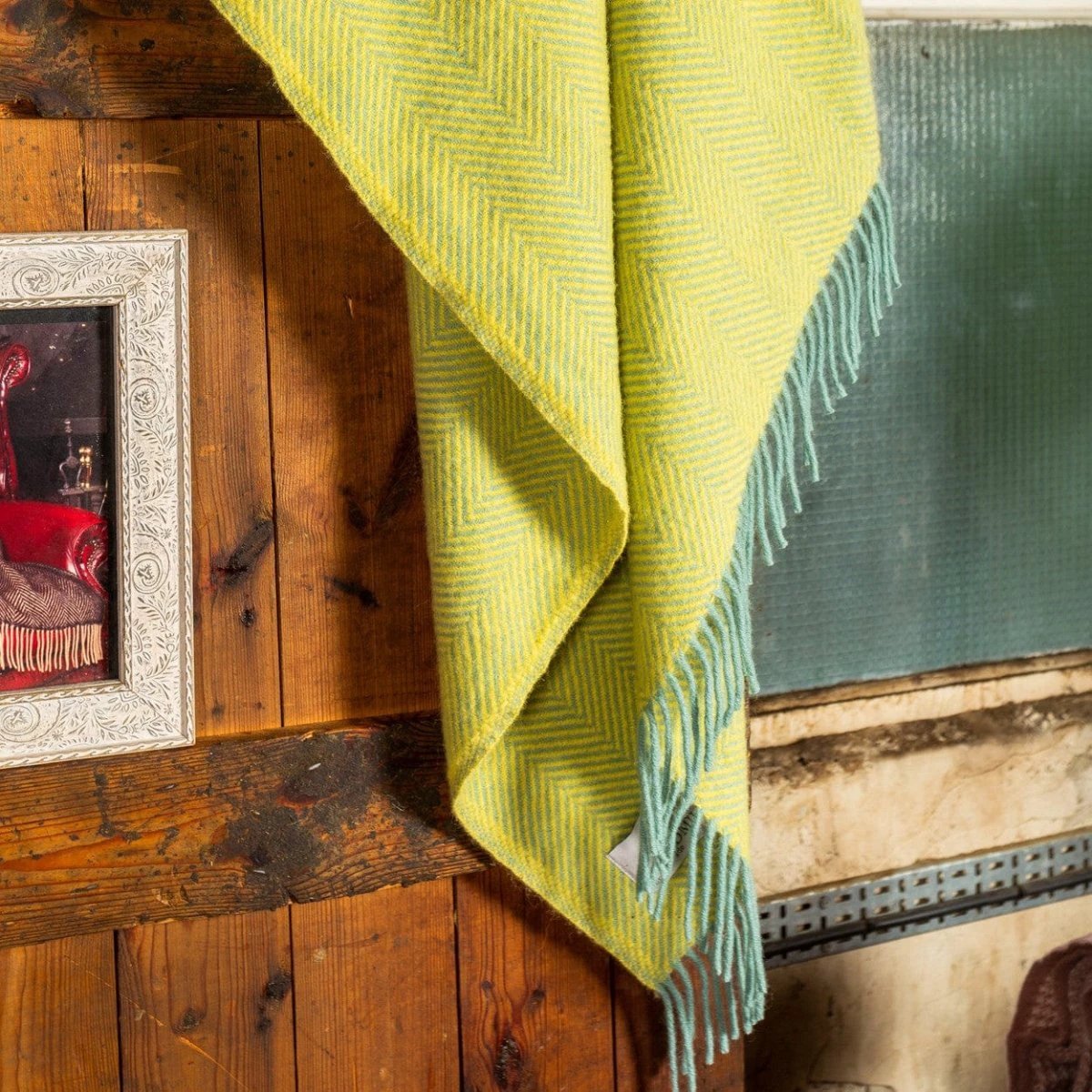 Plaid Visgraat Geel en Groen (Lemon and Ocean) - 150x183 - Nieuw Wol - Tweedmill UK by MoodCompanyNL