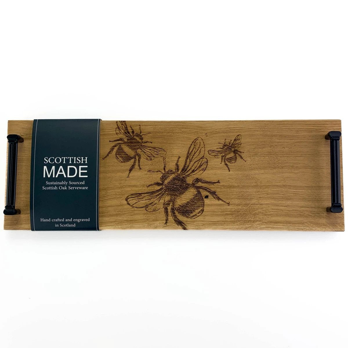 Serveerplank met stalen handvatten Bijen - 45x15 - Schots Eikenhout - Scottish Made by MoodCompanyNL
