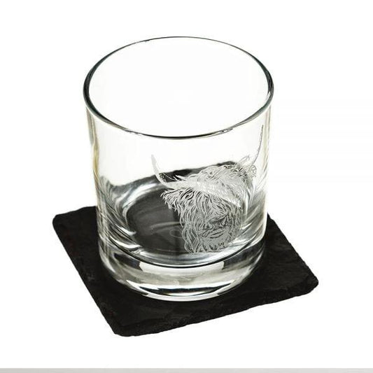 MoodCompanyNL - Whiskyglas Gegraveerd met Schotse Hooglander en leistenen onderzetter - Just Slate Company Scotland - 5060426287190