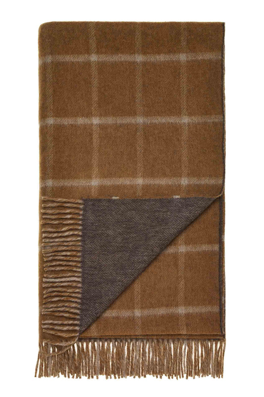 Plaid Chevrons Carreaux Camel/Chocolat - Country Side Collection - Laine d'Agneau Mérinos - 140x185 - Bronte by Moon Scotland