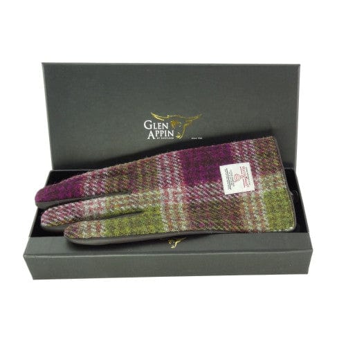 MoodCompanyNL - Dames Handschoenen Heide Paars en Groen met Bruin Leer - Harris Tweed - Glen Appin of Scotland - 5060959023647