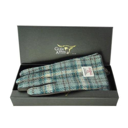 Dames Handschoenen Licht Blauw en Creme met Bruin Leer - Harris Tweed - Glen Appin of Scotland by MoodCompanyNL