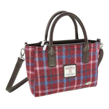 Handtas Brora small tote bag Bordeaux rood met roze blauwe ruit - Ritssluiting - Draagband - Harris Tweed - Glen Appin of Scotland by MoodCompanyNL