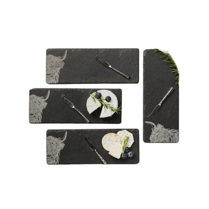 MoodCompanyNL - Kaasplankjes Schotse Hooglander - 4 stuks met mesjes - Cadeauset - Just Slate Company Scotland - 5060426288616