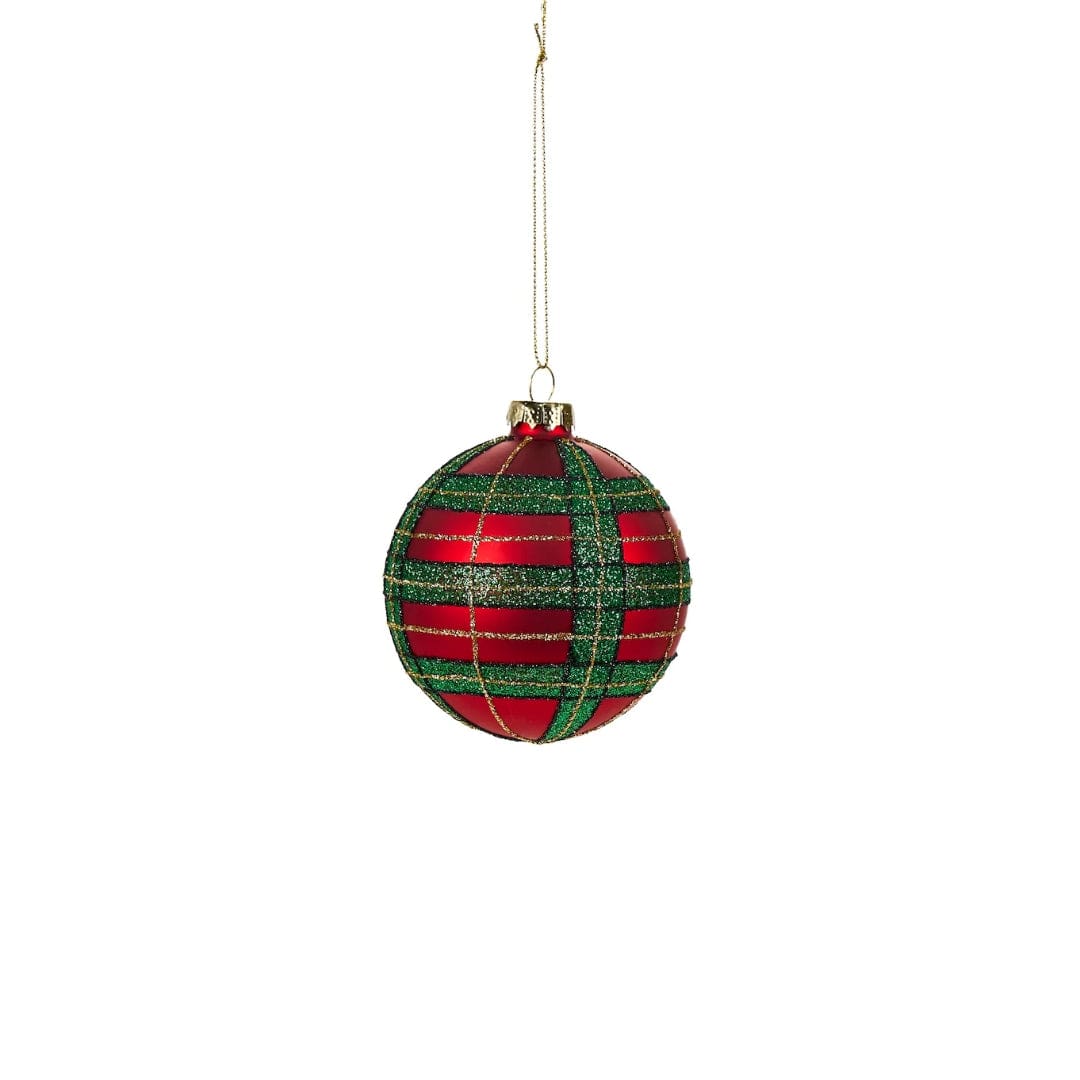 Mood_Company Kerstbal rood met tartan groen en gouden glitters - 8  cm -set van 4 - Nuvole di stoffa