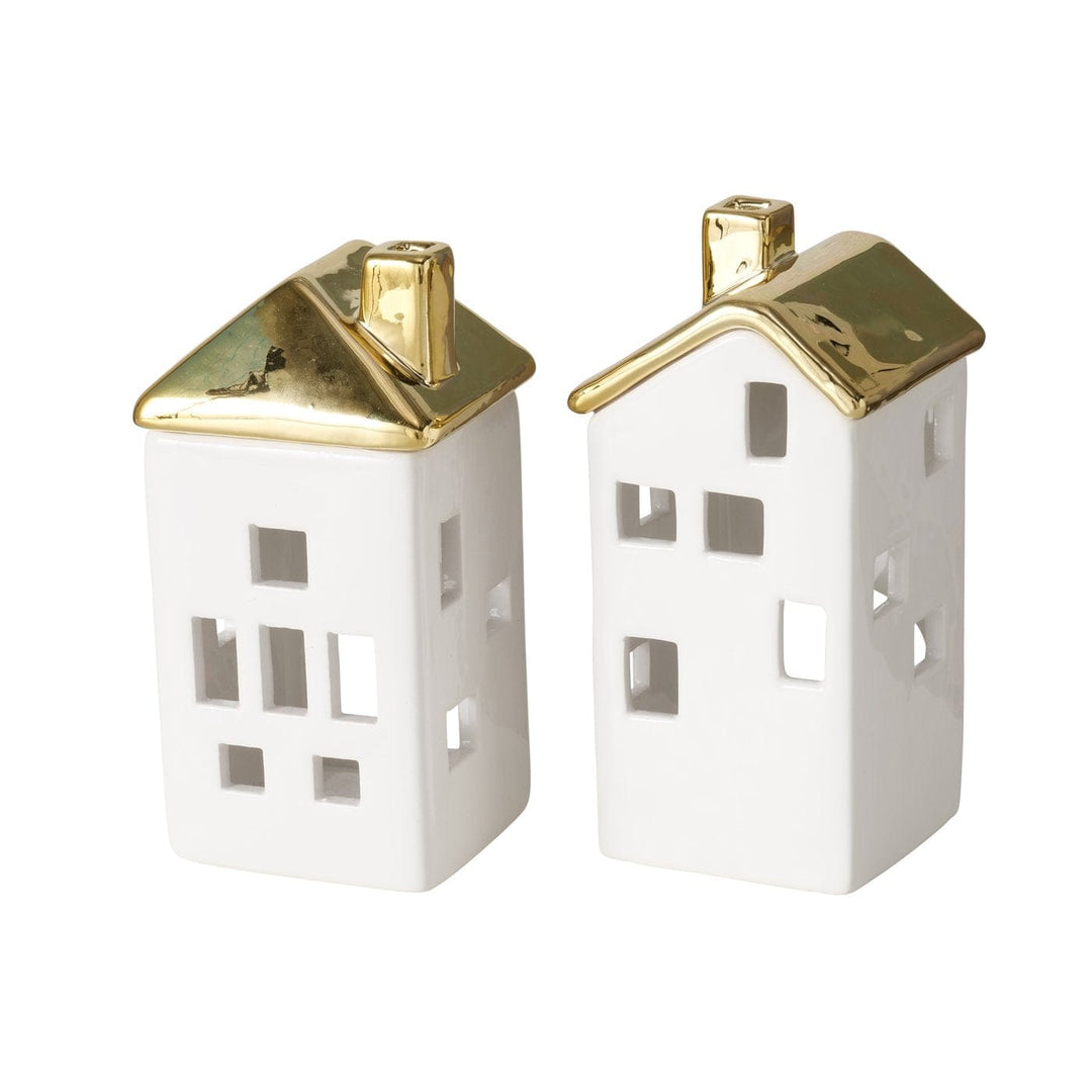 Mood_Company Theelichthouder huisje wit met goud - 2 stuks - H 15,5 cm - Boltze home