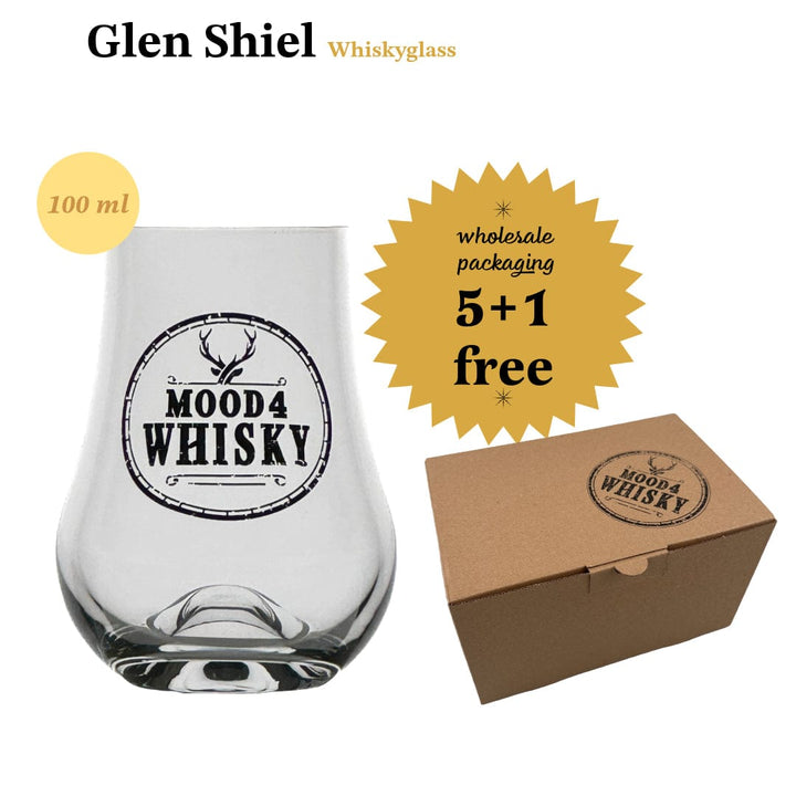 Mood_Company Whiskyglas Glen Shiel met logo ★★★★★ - 100 ml - 5 +1 Gratis - Groothandelsverpakking - Mood4Whisky