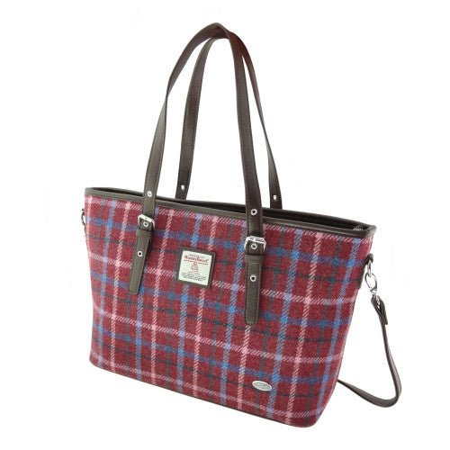 Mood Company - Schoudertas Spey Tote bag Bordeaux rood met roze blauwe ruit - Groot - Ritssluiting - Harris Tweed - Glen Appin of Scotland - 5060631378454