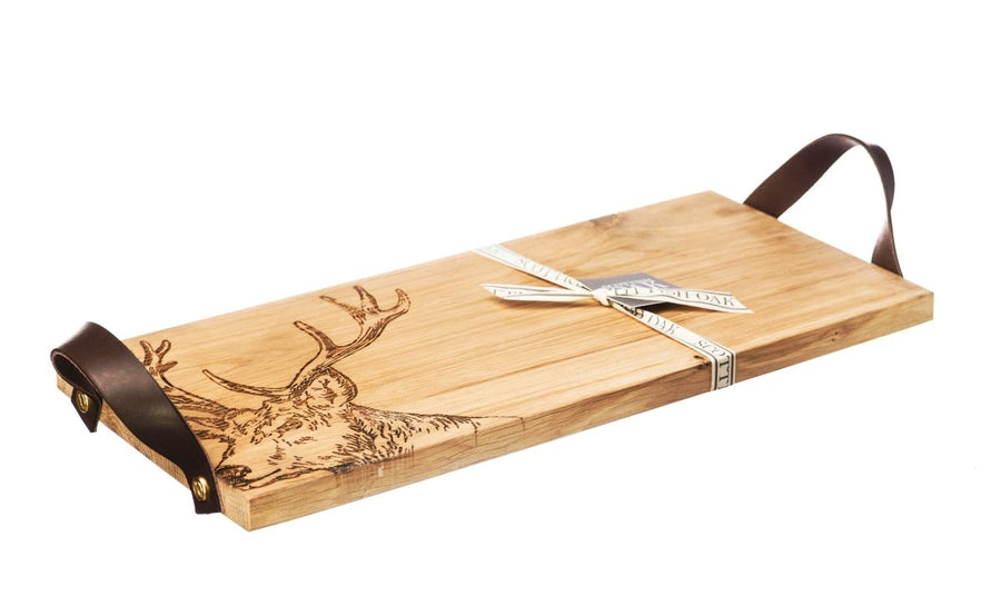 MoodCompanyNL - Serveerplank Edelhert met leren handvatten - 45x20 - Schots Eikenhout - Scottish Made - 5060426286759