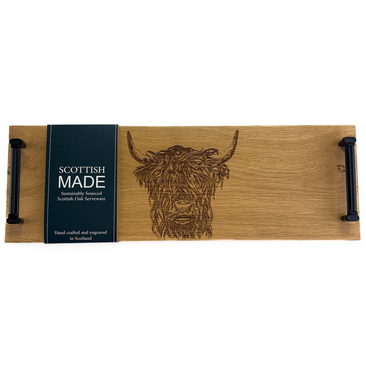 MoodCompanyNL - Serveerplank met stalen handvatten Schotse Hooglander - 45x15 - Schots Eikenhout - Scottish Made - 5060949550153