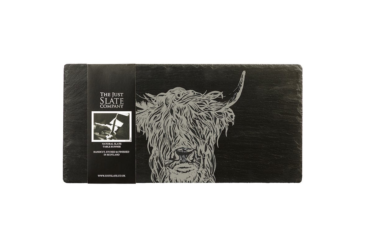 Mood Company - Tafelloper Schotse hooglander - Gegraveerd - 50x25 - Leisteen - Just Slate Company Scotland - 5060718717763