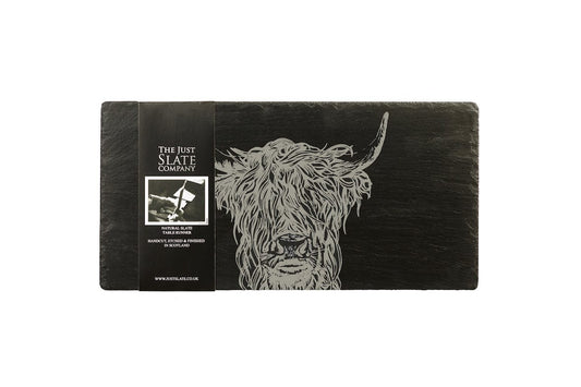 Mood Company - Tafelloper Schotse hooglander - Gegraveerd - 50x25 - Leisteen - Just Slate Company Scotland - 5060718717763