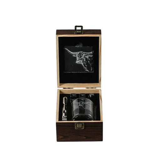 Geschenkset Texas Longhorn met Whiskyglas, Whiskystenen en Onderzetter - Just Slate Company Scotland by MoodCompanyNL