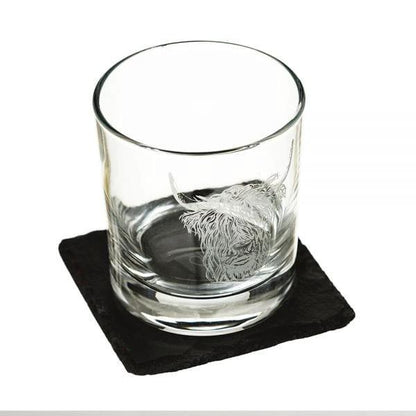 Whiskyglas Gegraveerd met Schotse Hooglander en leistenen onderzetter - Just Slate Company Scotland by MoodCompanyNL